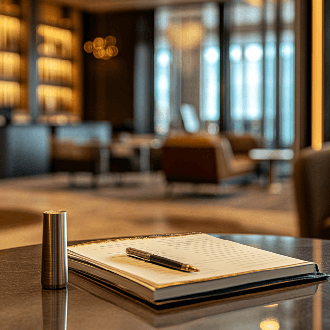 Image of pen and paper in a hotel lobby